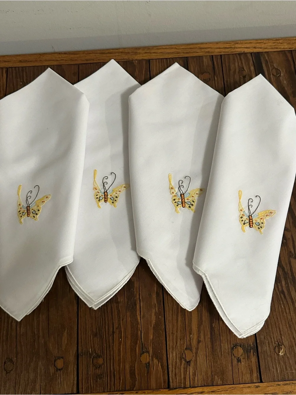 White Linen Dinner Napkins with Yellow Butterfly Embroidery - Set of 4